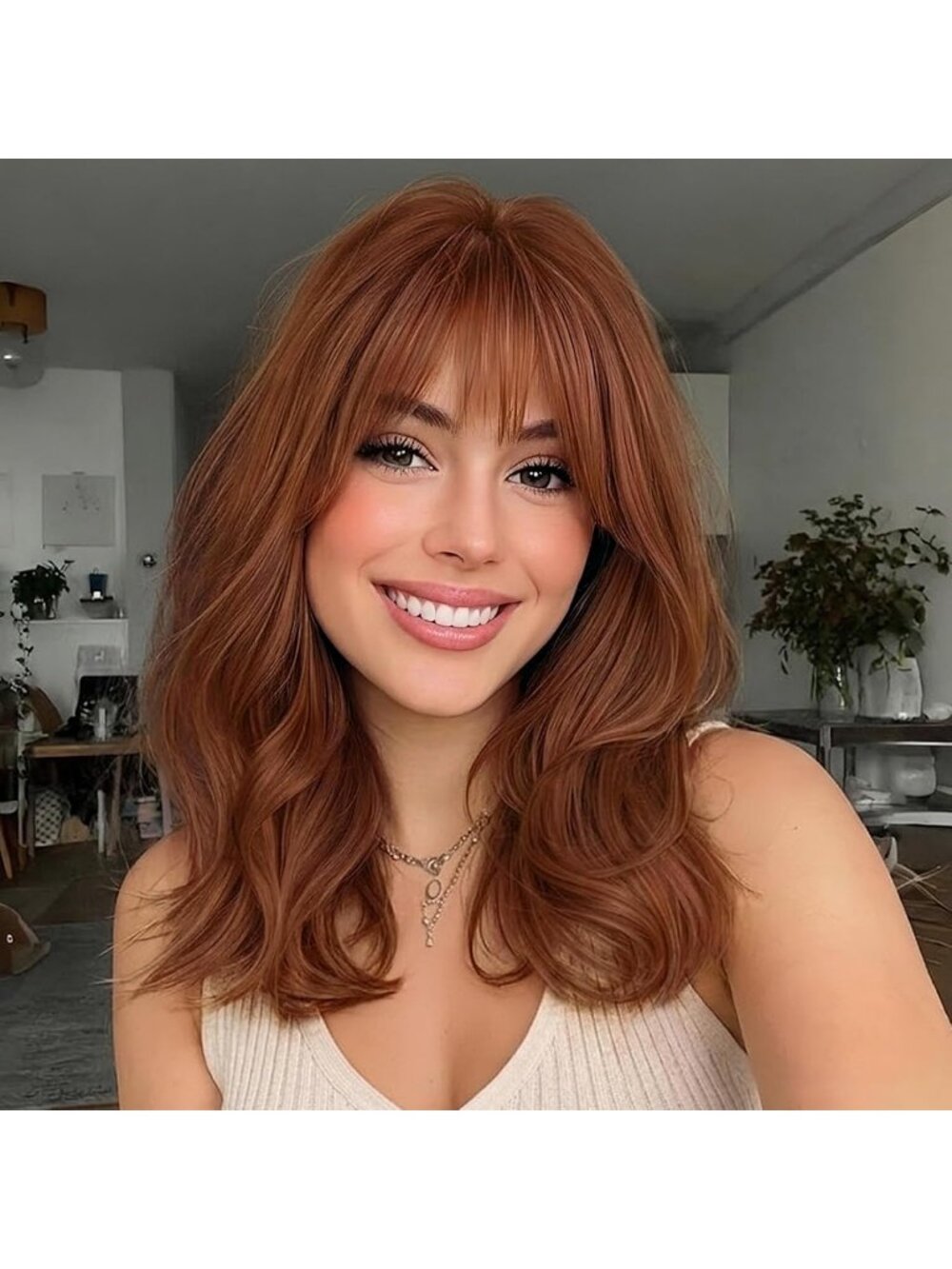 Women's Ginger Highlight Layered Natural  Wig Synthetic Curly Wavy with Bangs
